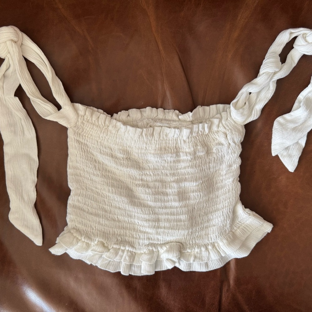 Chic White Smocked Crop Top with Tie Straps
